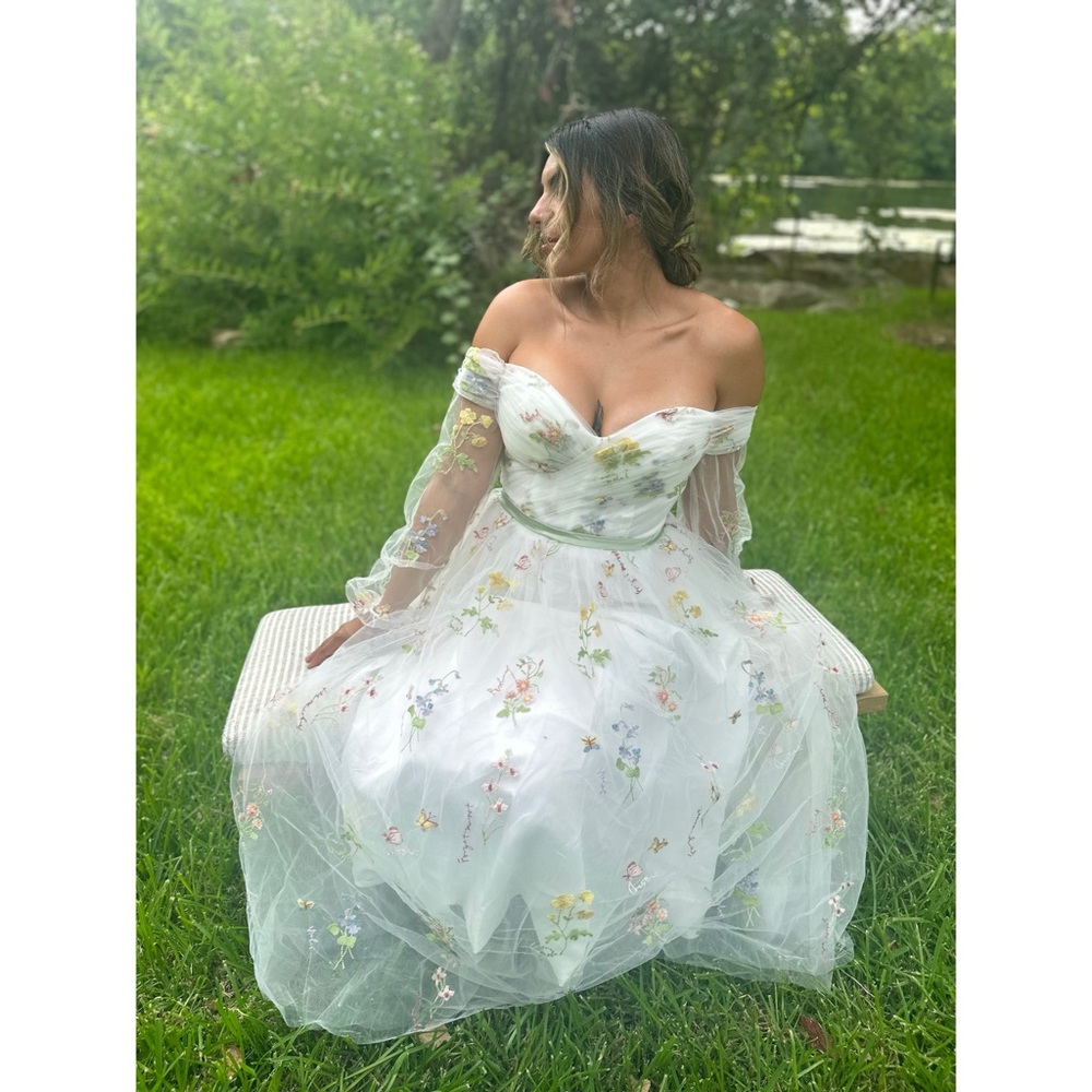 Women's Puffy Sleeve Tulle Prom Dresses Tea Length Flower Lace.